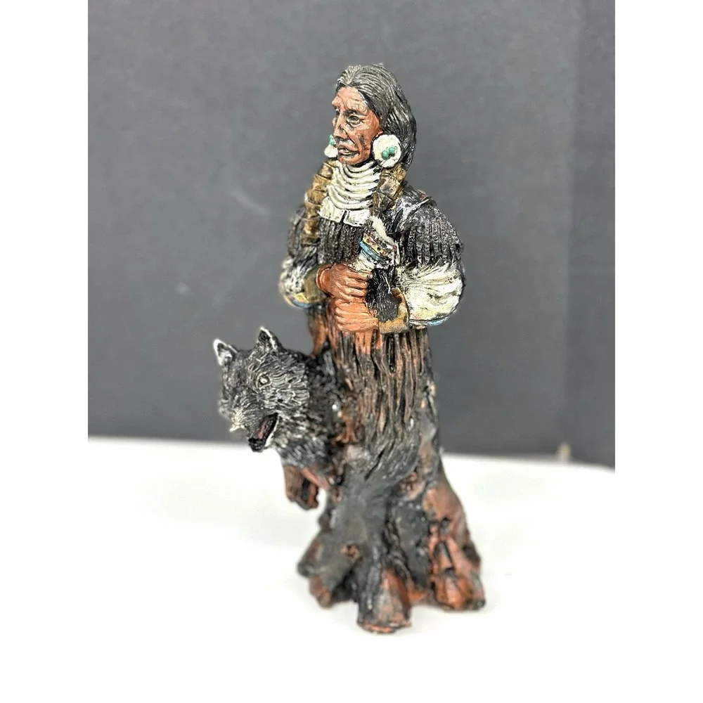 Vintage Resin Native American with Wolf Statue 9